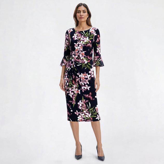 Womens Connected Apparel Flounce Sleeve Side Ruched Sheath Dress