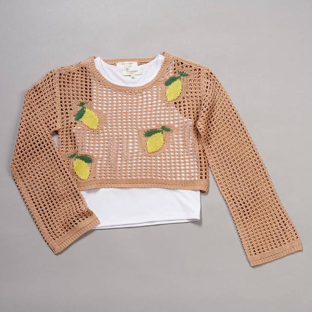 Girls (7-16) No Comment Long Sleeve Crochet Lemon Top with Tank