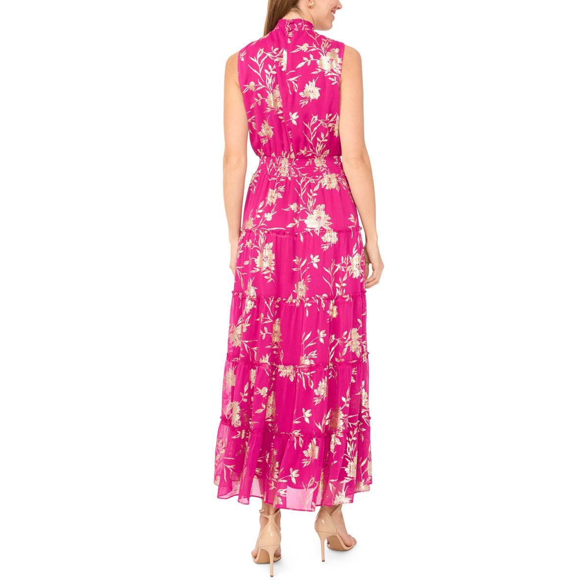 Womens MSK Sleeveless Mock Neck Foil Floral Tier Maxi Dress