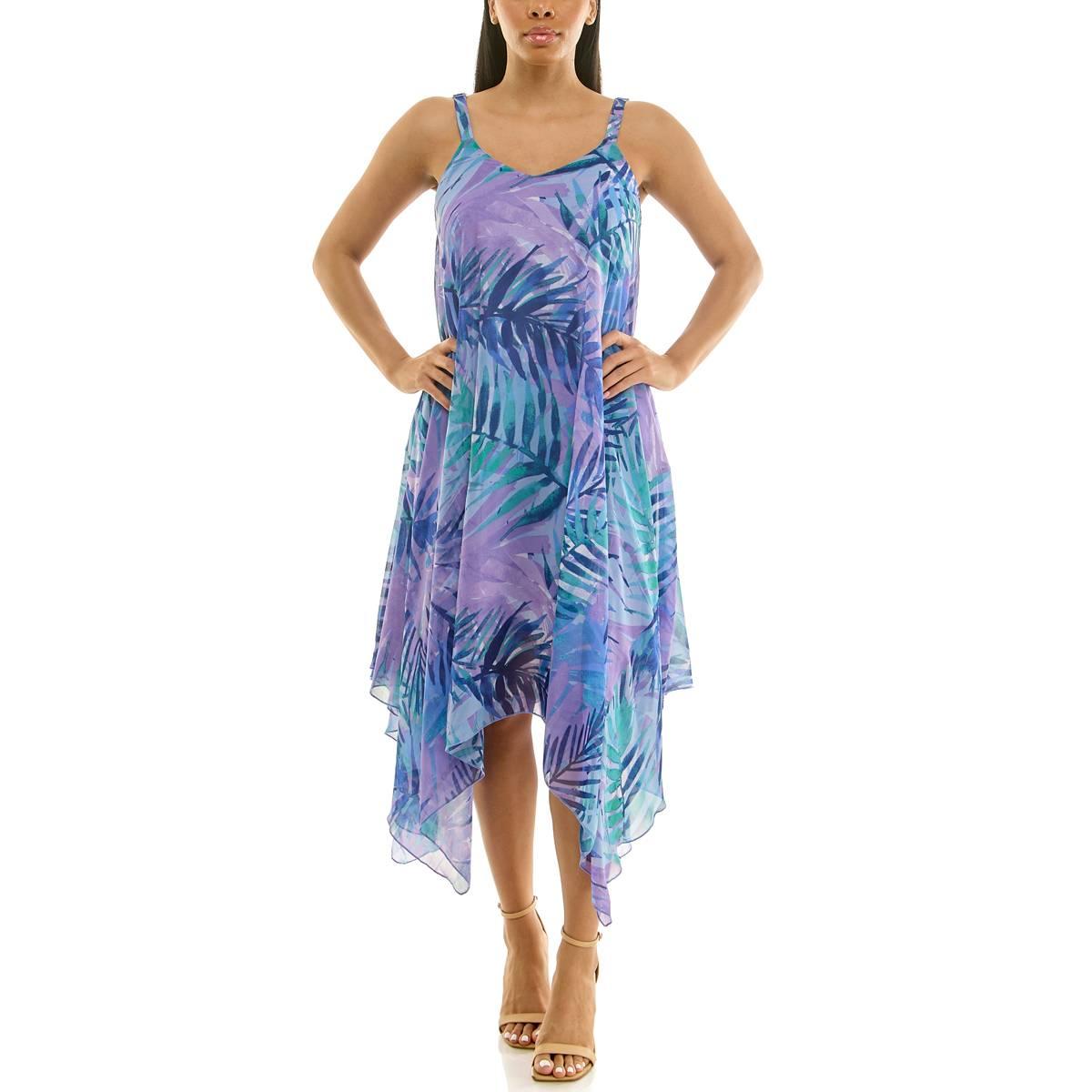 Womens Nina Leonard Sleeveless Tropical Hanky Hem Midi Dress