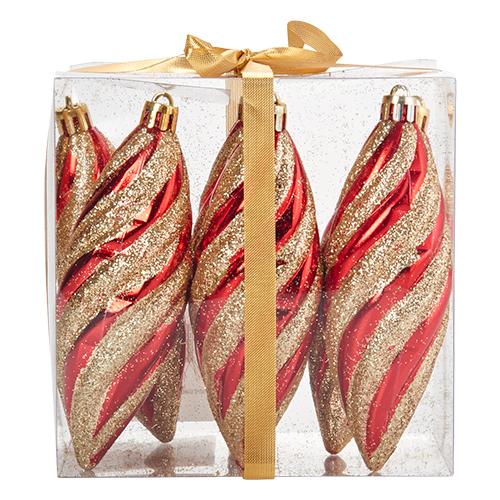Set of 6 4.7in. Shatterproof Red & Gold Glitter Tear Ornaments