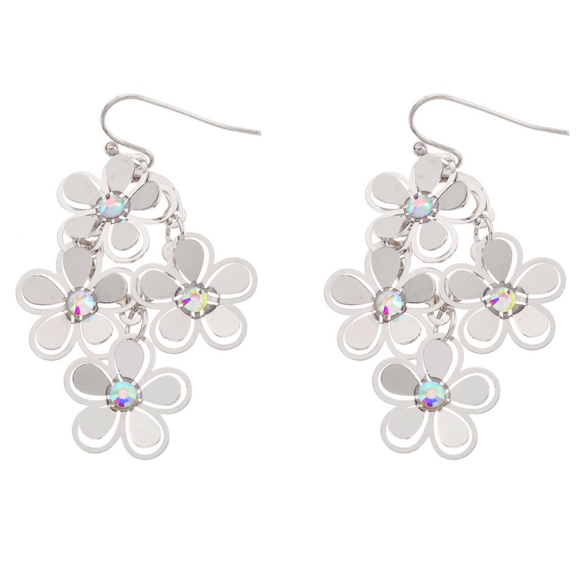 Ashley Silver-Tone AB Crystal 3-Tier Flower Dangle Earrings