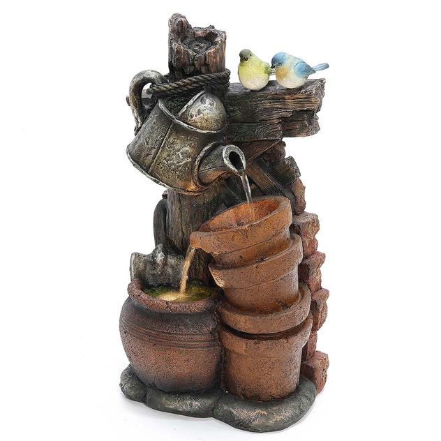 Resin Birds with Pots & Watering Can LED Fountain