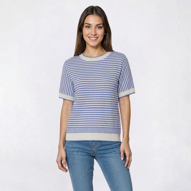 Womens Adrianna Papell Short Sleeve Scalloped Stripe Sweater