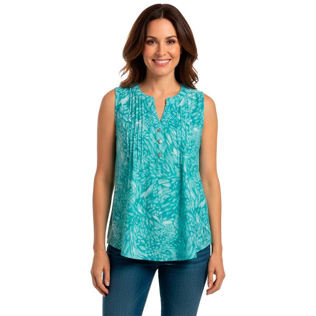 Womens Notations Abstract Pleat Split Neck Button Front Blouse