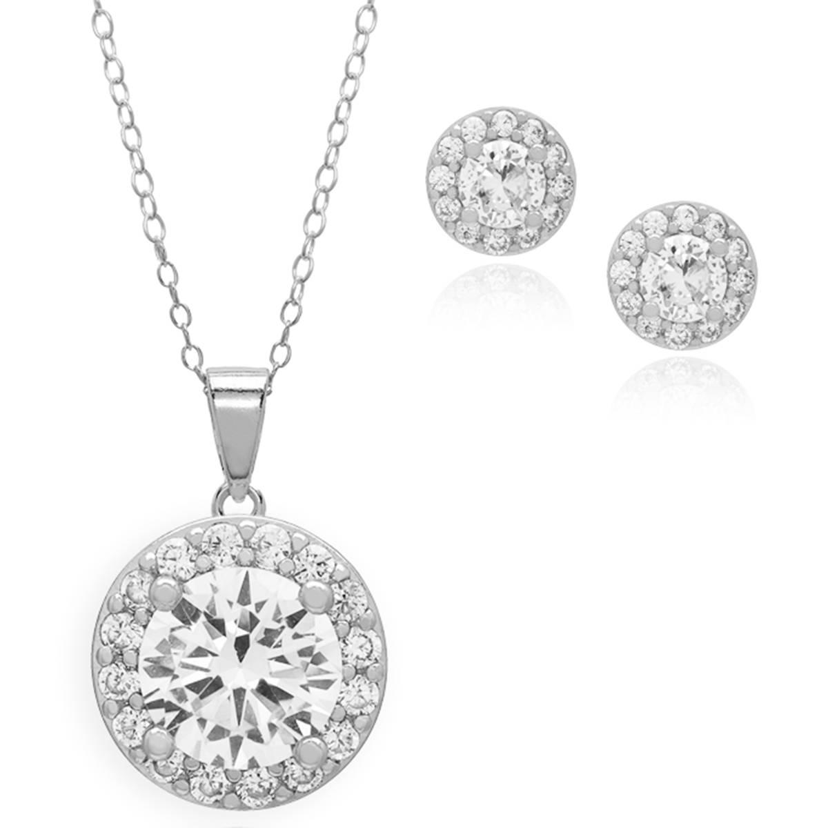 Silver Plated & CZ Halo Pendant & Stud Earrings Set