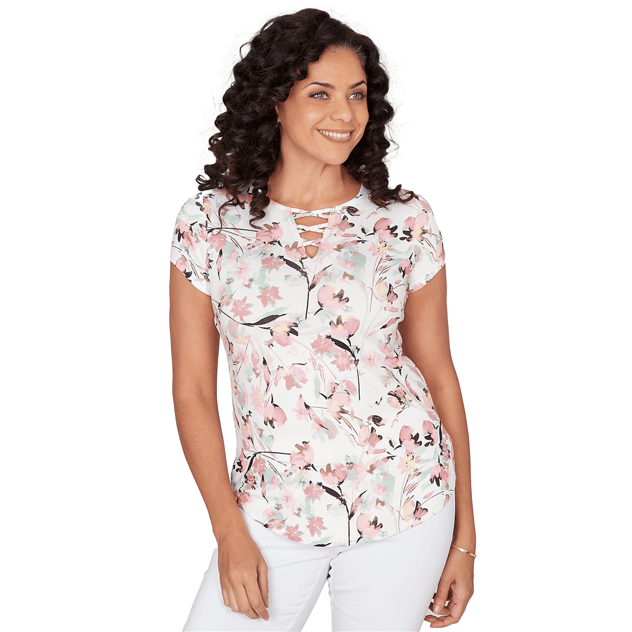 Womens Emaline Key Items Short Sleeve Floral Lace Neck Blouse