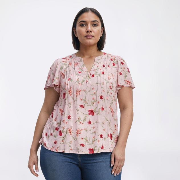 Plus Size Napa Valley Short Sleeve Floral Clip Dot Henley Blouse
