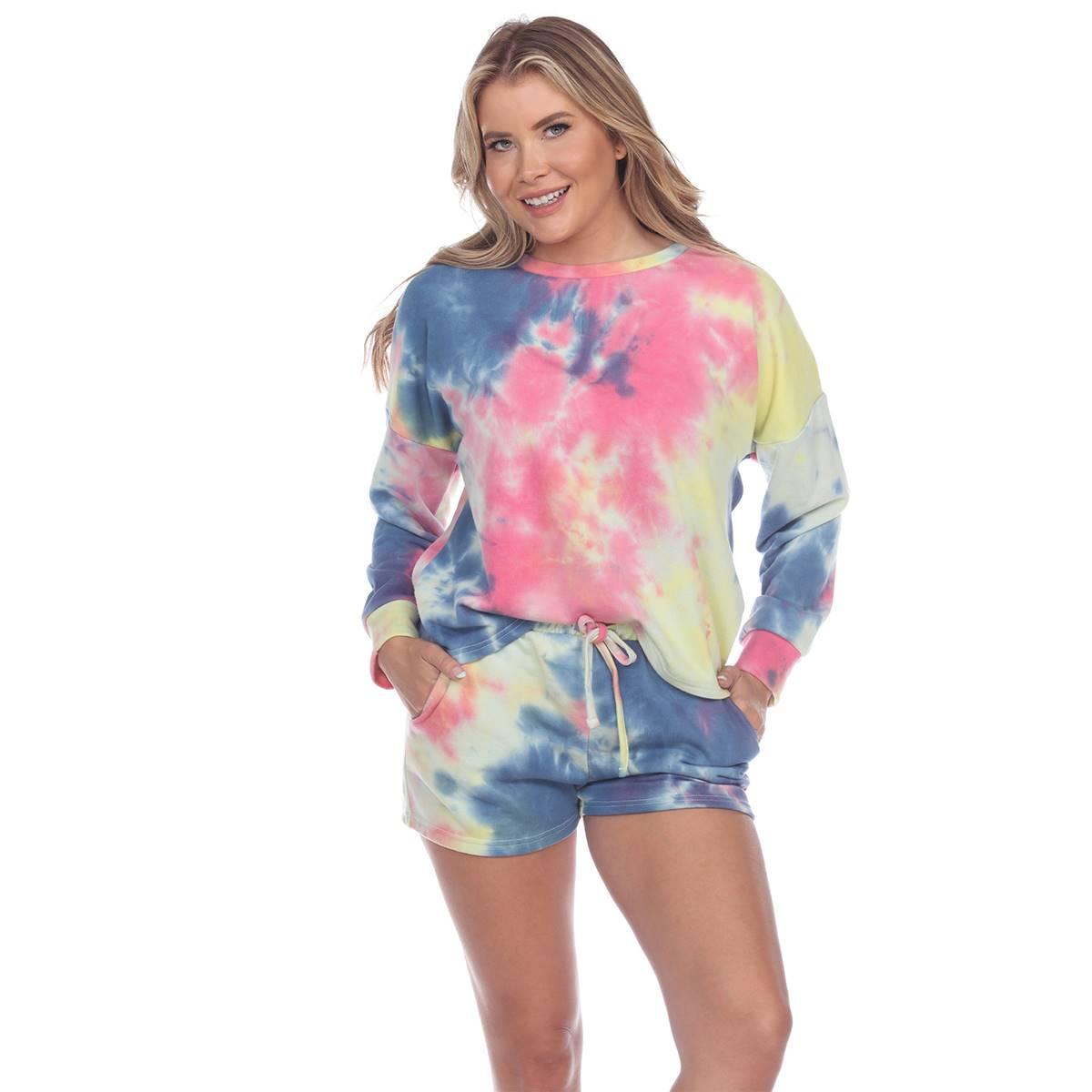 Womens White Mark Tie-Dye Lounge Top And Shorts Set