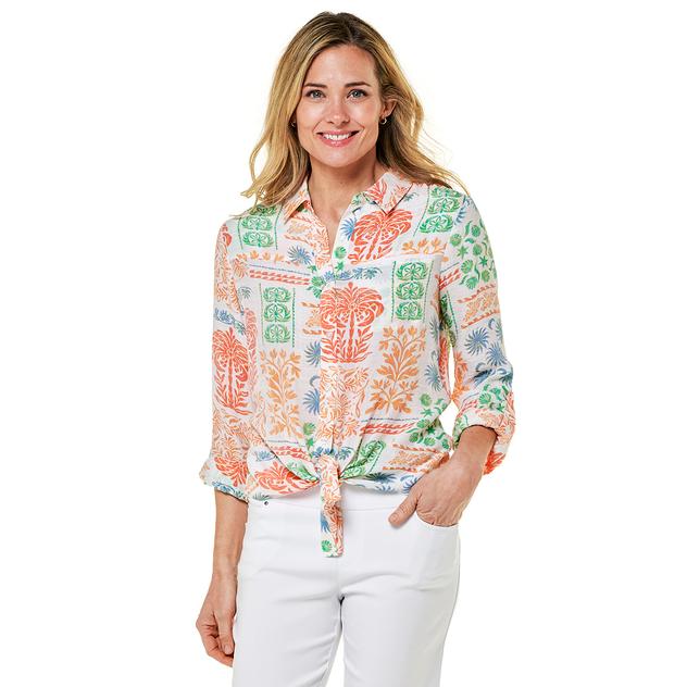 Womens Zac & Rachel 3/4 Sleeve Patchwork Tie Front Blouse