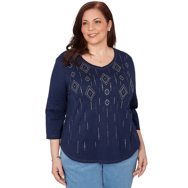 Plus Size Alfred Dunner Austin Rhinestone Diamond V Neck Blouse