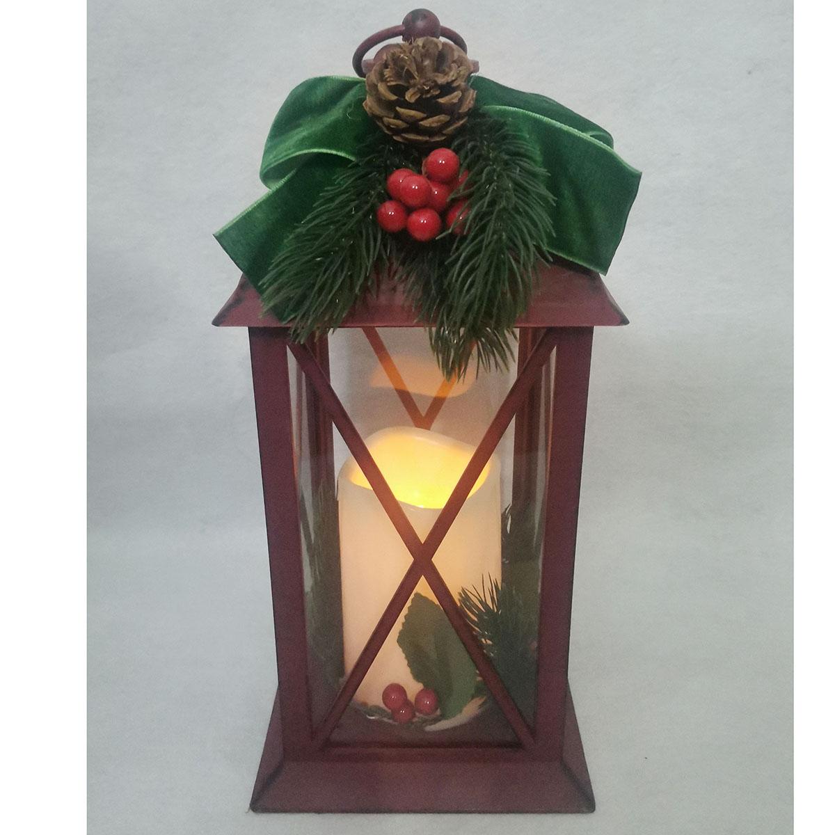 Red Christmas 12.5in. Lantern with LED Candle