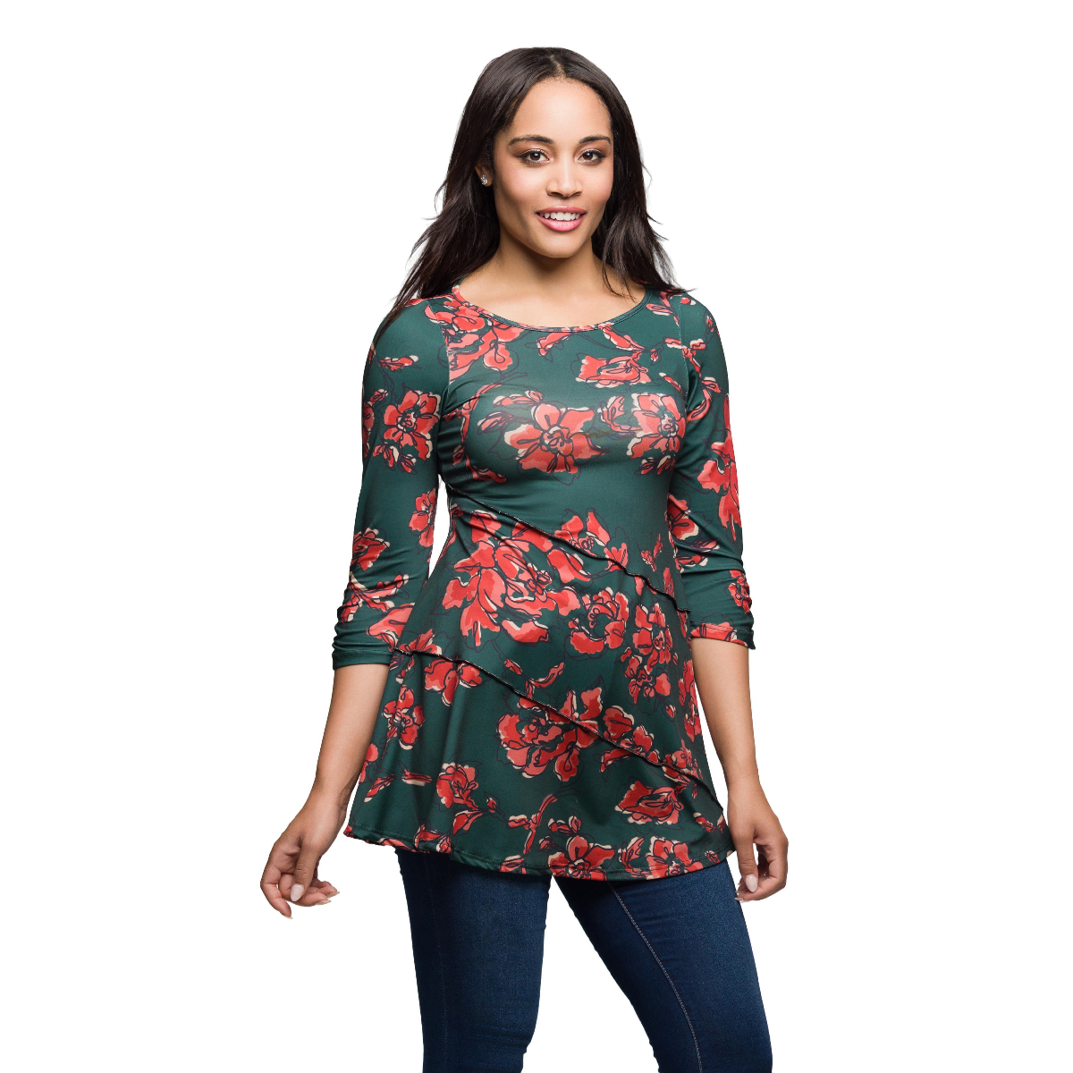 Womens 24/7 Comfort Apparel Green Floral 3/4 Sleeve Tunic Top