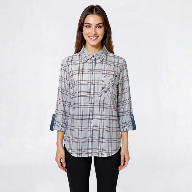 Womens Nautica 3/4 Roll Tab Sleeve Plaid Casual Button Down