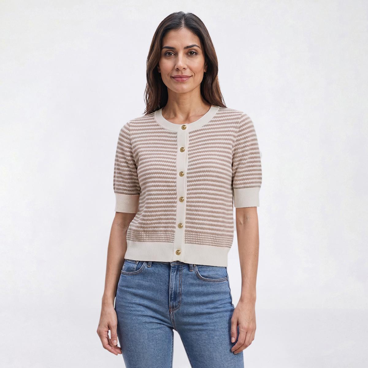 Womens Adrianna Papell Short Sleeve Button Front Stripe Cardigan