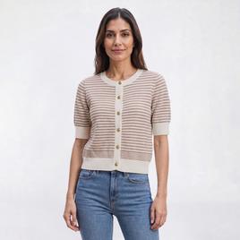Womens Adrianna Papell Short Sleeve Button Front Stripe Cardigan