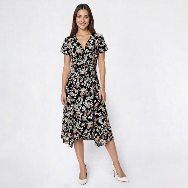 Petite Perceptions Short Sleeve Floral Side Drape Midi Dress
