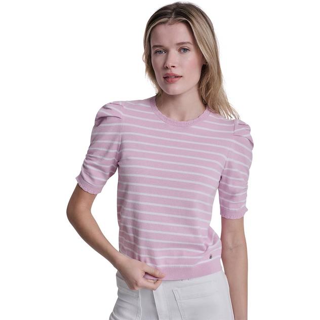 Womens DKNY Jeans Short Puff Sleeve Scallop Neck Stripe Sweater