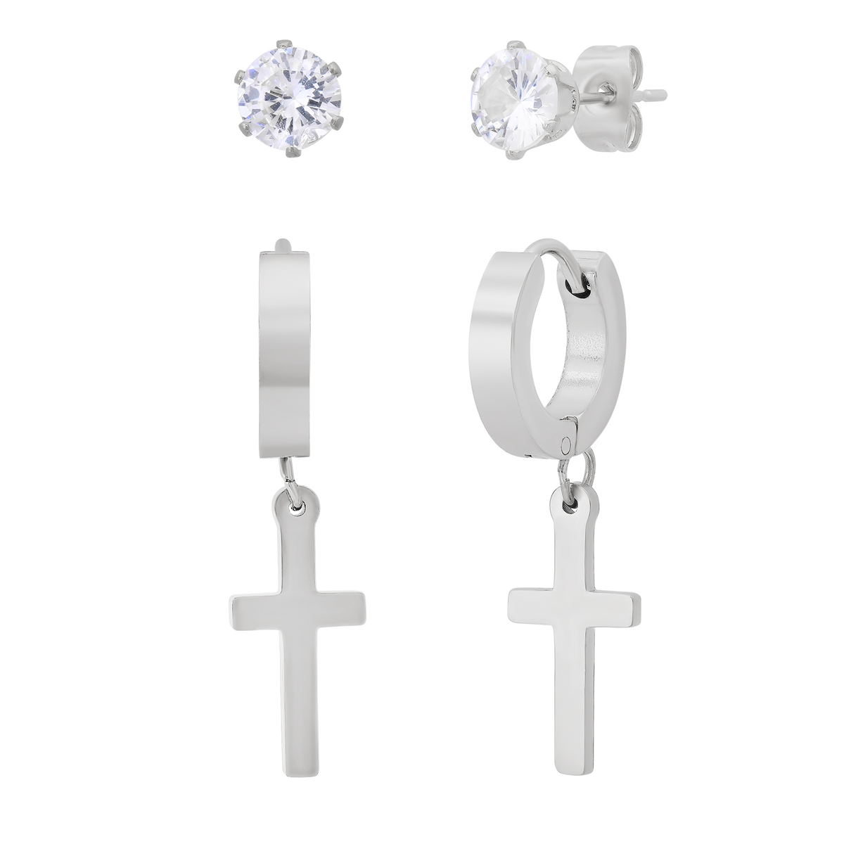 Saffron Silver Tone Stainless Steel Cross Hoop & Stud Earring Set