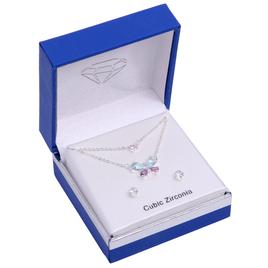 Silver-Tone CZ Butterfly Pendant and Earring Set
