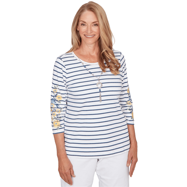Womens Alfred Dunner Classics 3/4 Sleeve Stripe Bird Blouse