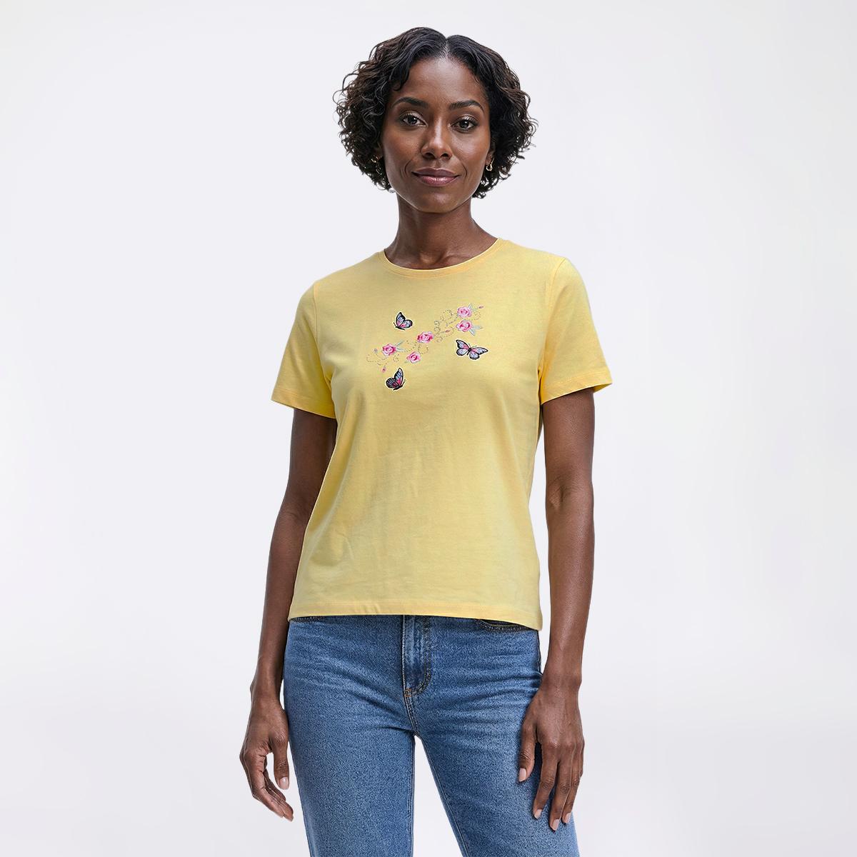 Womens Madison Taylor Embroidered Asymmetric Butterflies Tee