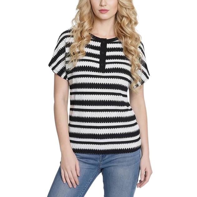 Petite NY Collection Short Sleeve Stripe Textured Sweater