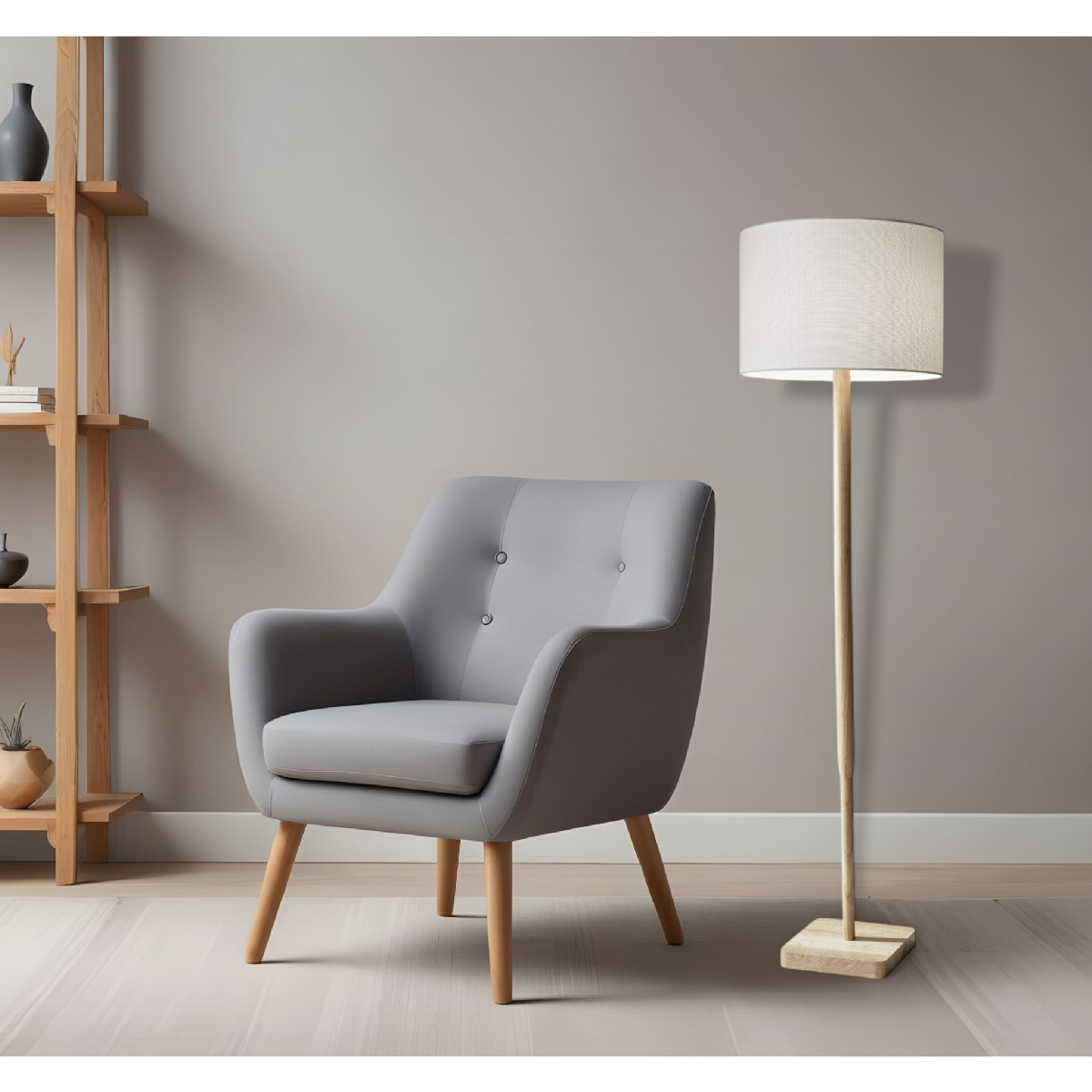 HomeRoots 59in. Natural Solid Wood Floor Lamp With Drum Shade