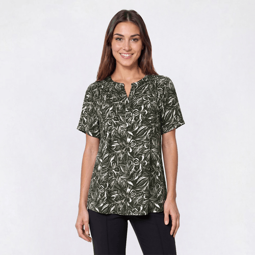Petite Napa Valley Short Sleeve Floral Leaf Henley Blouse