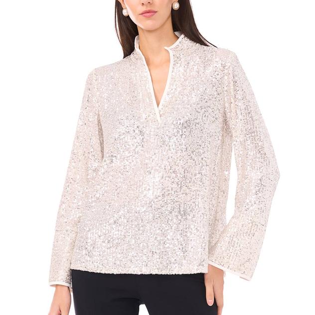 Womens MSK Long Sleeve Sequin V Neck Blouse