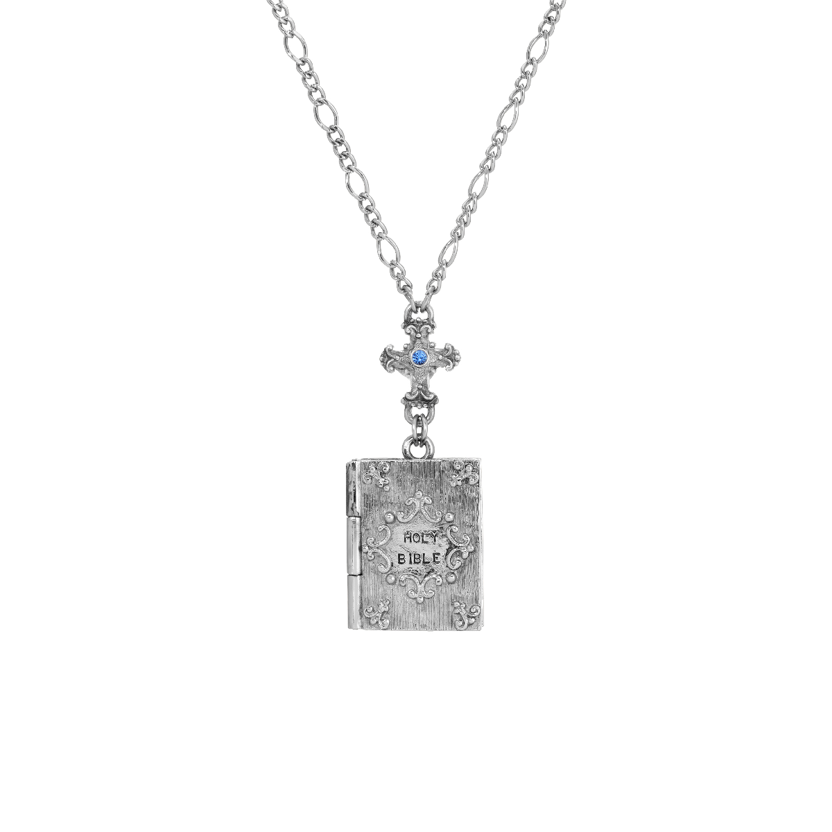 Symbols of Faith Silver Cross & Bible Locket Holy Family Necklace
