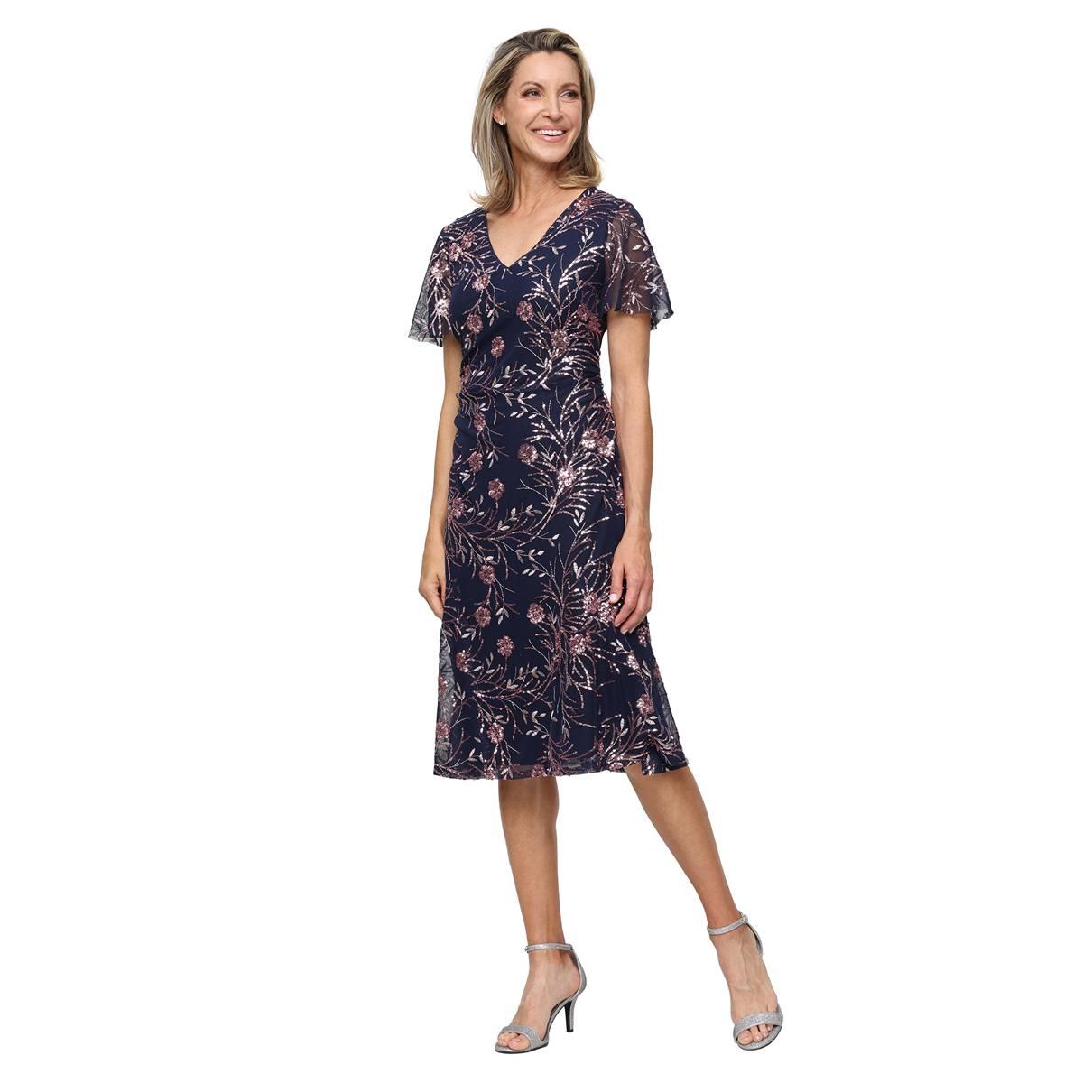 Petite SLNY Flutter Sleeve V Neck Sequin Floral Dress