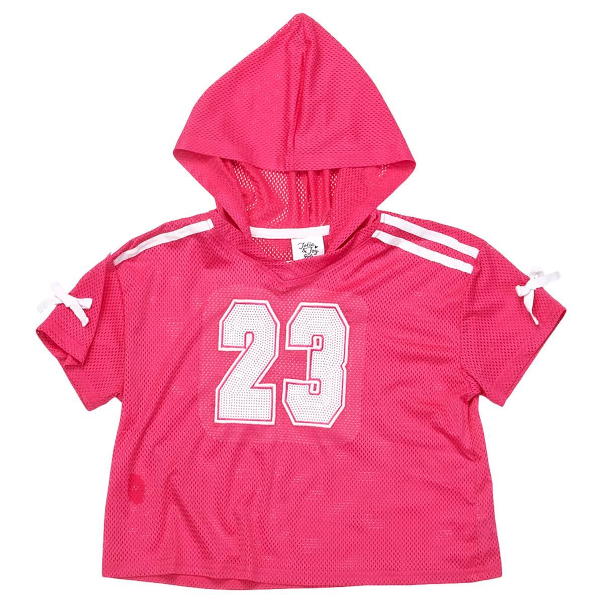 Girls(7-16) Jolie & Joy Short Sleeve Hooded 23 Varsity Sequin Top