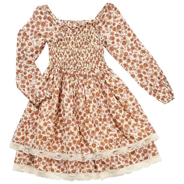 Girls (7-12) Japna Girls Floral Smocked Tiered Lace Trim Dress