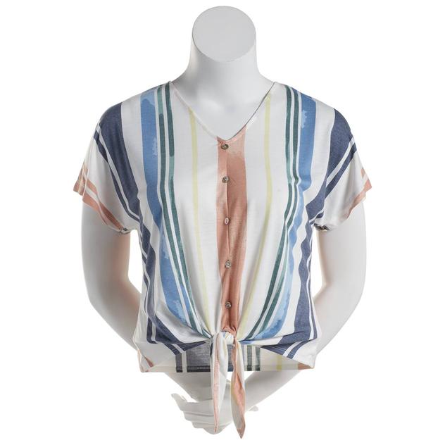 Womens Tru Self Faux Button Tie Front Stripe Blouse