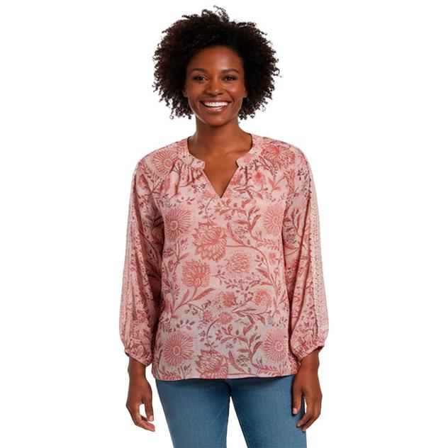 Petite Zac & Rachel Bracelet Sleeve Floral Split Neck Blouse