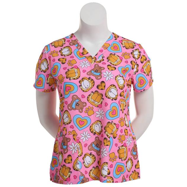 Womens Short Sleeve Garfield & Pooky Flowers Pajama Scrub Top