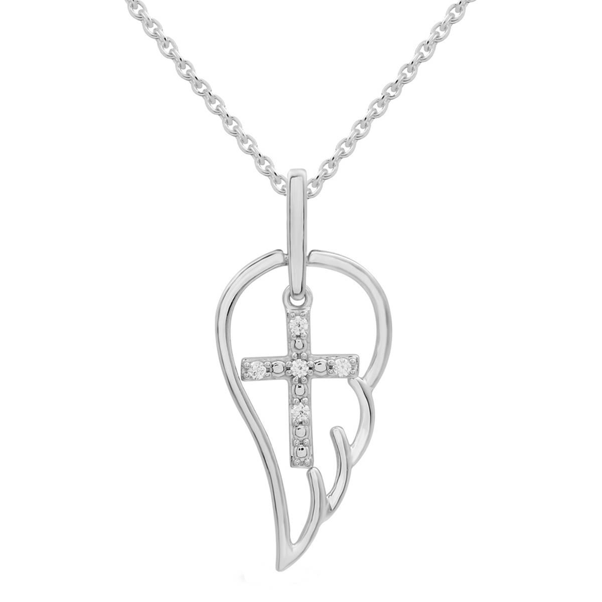 Natural Diamond Sterling Silver Angel Wing Cross Pendant Necklace