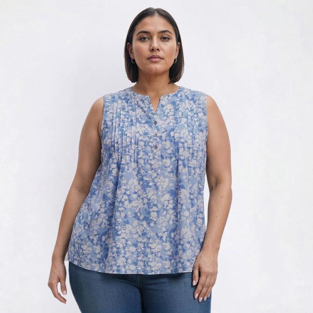 Plus Size Napa Valley Sleeveless Floral Leaf Pleat Henley Blouse