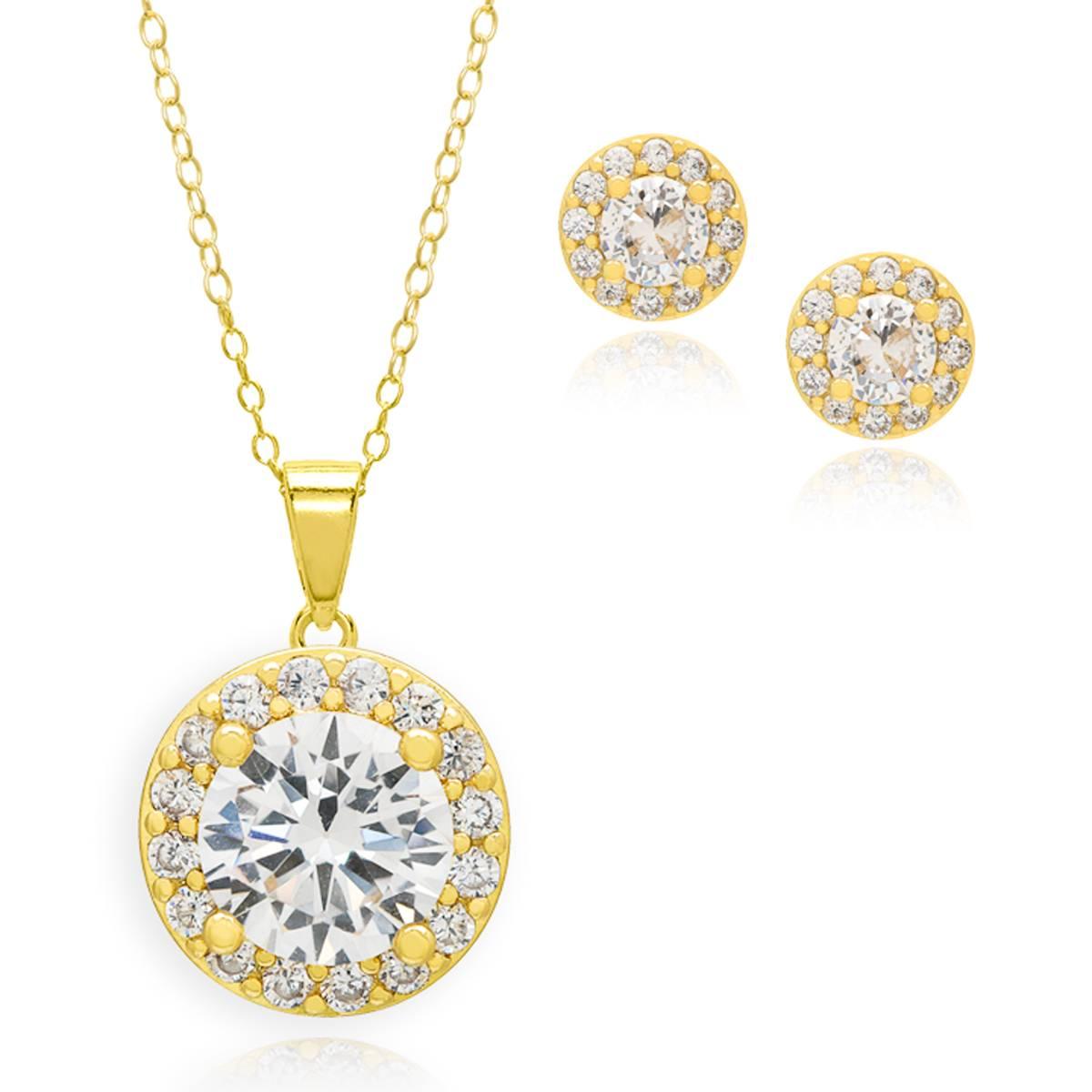 2pc. Gold Plated & CZ Round Halo Earrings & Pendant Set