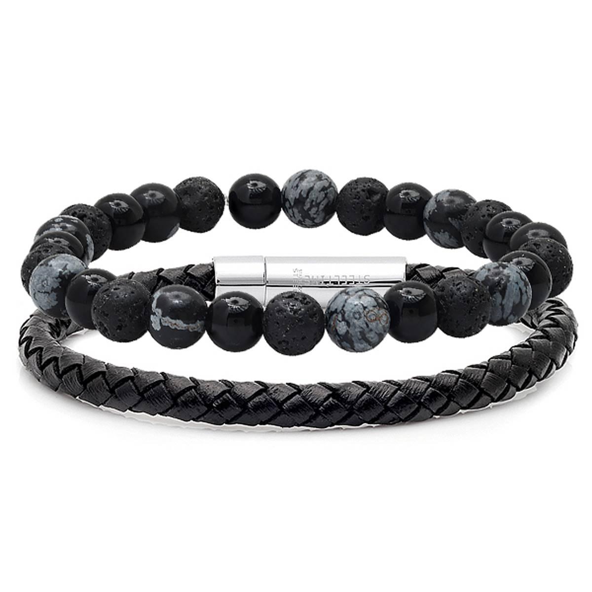 Mens Steeltime Beaded and Leather Bracelet Set