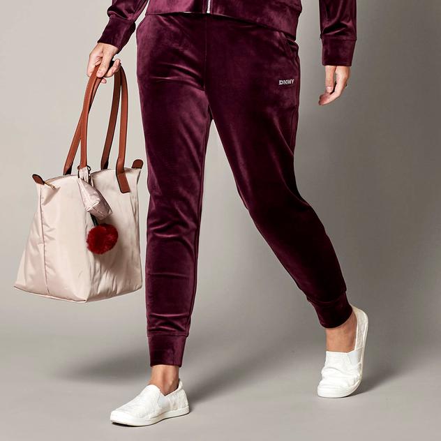 Womens DKNY Sport Velour Mid Rise Rhinestone Slim Cuffed Joggers
