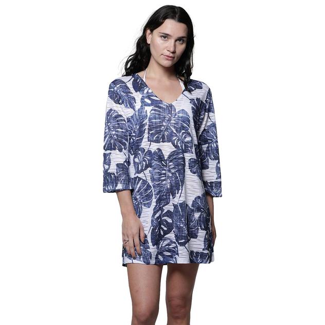 Plus Size J Valdi Monstera 3/4 Sleeve V-Neck Tunic Swim Cover-Up