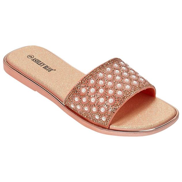 Womens Ashley Blue Pearl Band Slide Sandals