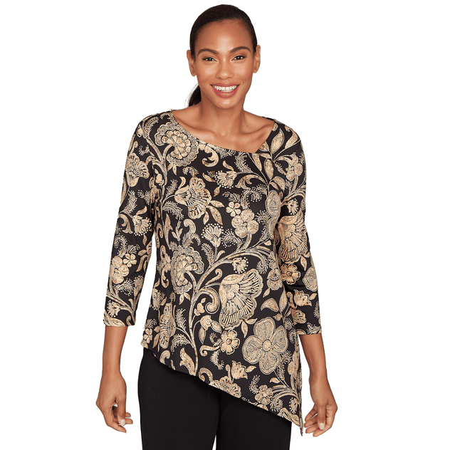 Womens Ruby Rd. Red Allure Gold Foil Shimmer Floral Blouse