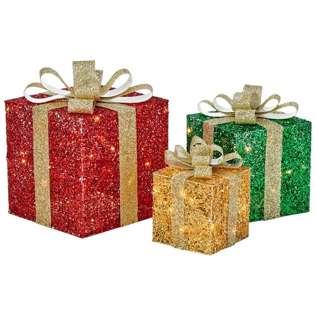 Set of 3 Pre Lit Glittering Gift Boxes