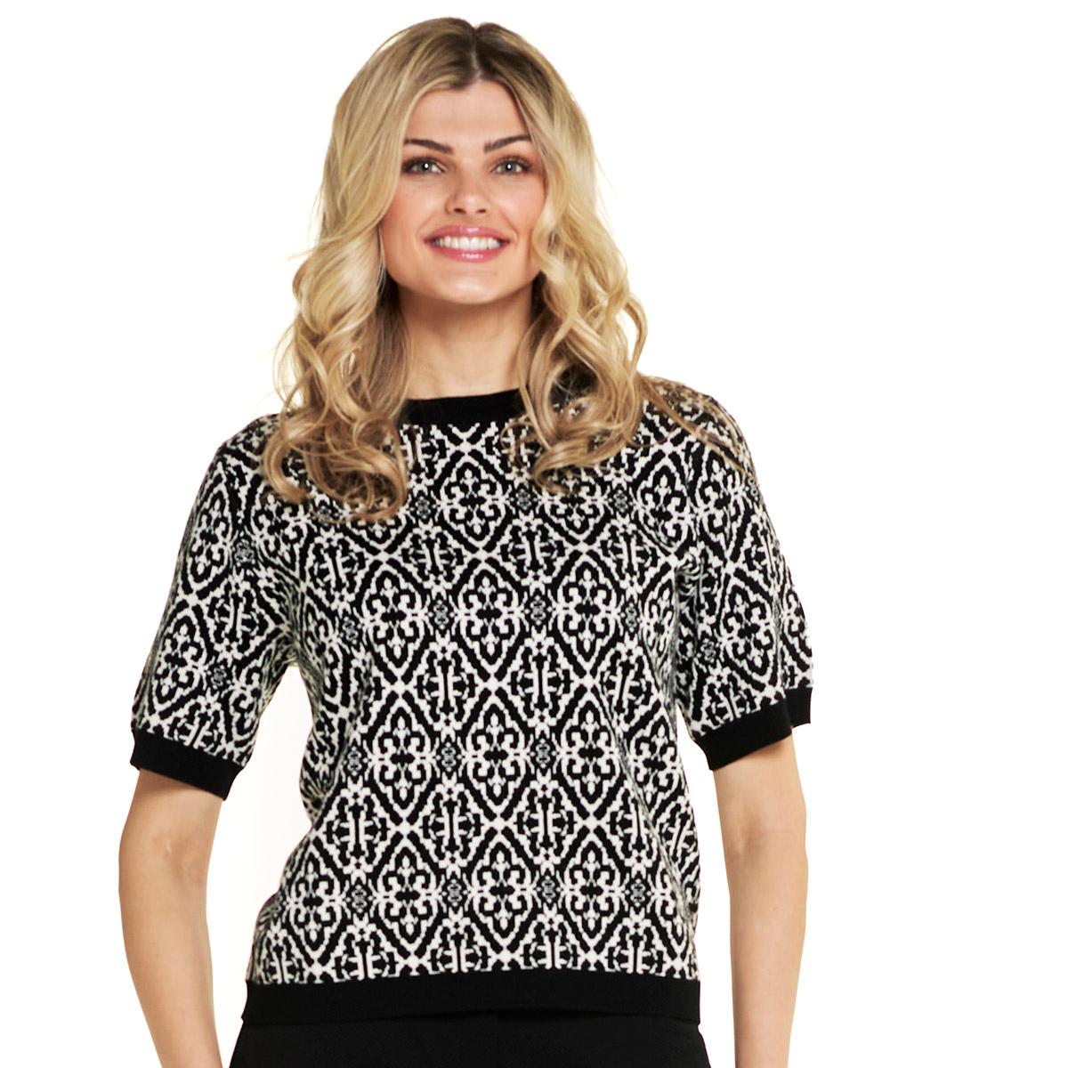 Womens Adrianna Papell Short Sleeve Crew Neck Diamond Sweater