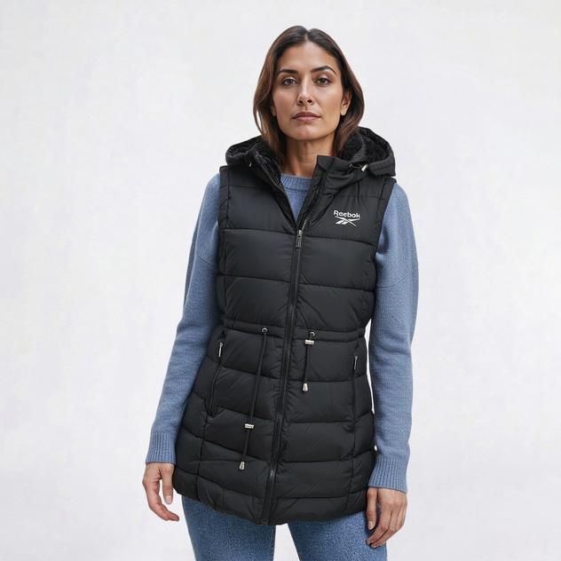 Womens Reebok Long Puffer Vest With Faux Fur Lined Hood