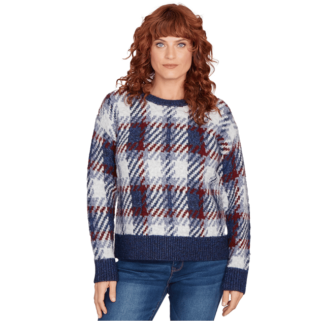 Womens Skye's the Limit Back To Town Crew Neck Plaid Sweater