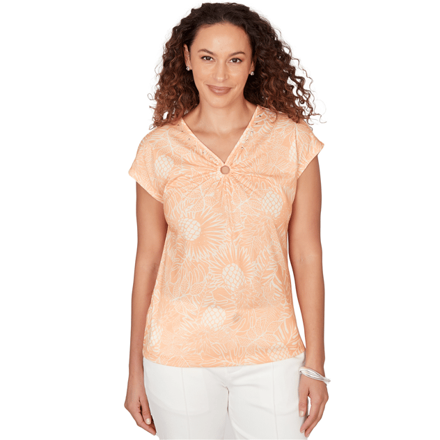 Womens Hearts of Palm Fun in the Sun Cap Sleeve Tropical Blouse